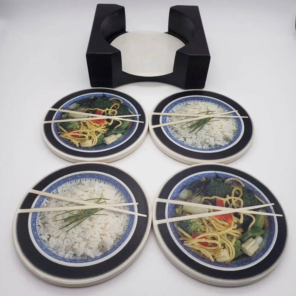 Ceramic Round Coasters Chinese Take Away Set of 4 & Wood Holder Rice Lo Mein Bar